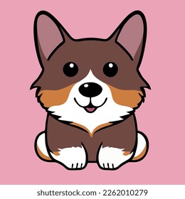 Kawaii cartoon vector logo of cute funny brown corgi dog puppy sitting and looking at camera isolated on pink background. Simple flat icon graphic illustration.