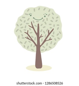 Kawaii cartoon vector tree with leaves. Hand drawn deciduous forest woodland illustration. Cute summer nature graphic for park icon or green scandi garden clipart.