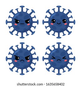 Kawaii cartoon virus. 2019-nCov novel coronavirus concept. Microbe with different emotions. Coronavirus in China. Viral pandemic.