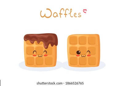 Kawaii cartoon Waffles characters. Cute happy sweet dessert mascot vector illustration isolated on white. Kids menu design concept. Smiling face food emoji. Classic baked waffle in chocolate.