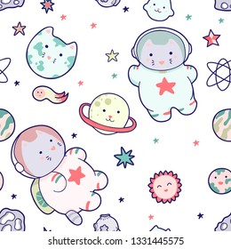 Kawaii cat astronaut in space seamless pattern. Vector cartoon charters. Editable vector illustration.