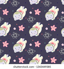 Kawaii cat astronaut in space seamless pattern. Vector cartoon charters. Editable vector illustration.