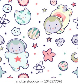 Kawaii cat astronaut in space seamless pattern. Vector cartoon charters. Editable vector illustration.