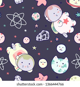 Kawaii cat astronaut in space seamless pattern. Vector cartoon charters. Editable vector illustration.