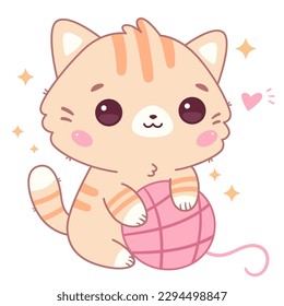 Kawaii cat with ball of yarn. Cute cartoon pet. Funny kitten on white background. Vector illustration.