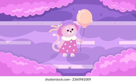 Kawaii cat with balloon watching clouds cute chill lo fi wallpaper. Cloud gazing kitten in dress 2D vector cartoon character illustration, lofi anime background. 90s kawaii aesthetic, dreamy vibes