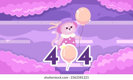 Kawaii cat with balloon watching clouds error 404 flash message. Sky gaze. Website landing page ui design. Not found cartoon image, cute vibes. Vector flat illustration with kawaii anime background