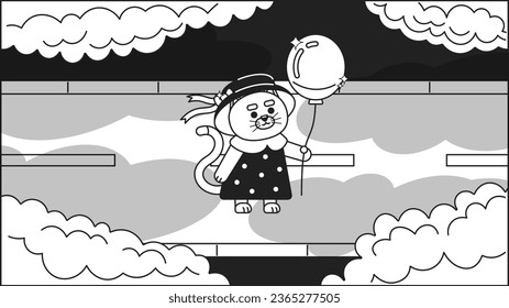 Kawaii cat with balloon watching clouds black and white cute chill lo fi wallpaper. Cloud gazing kitten in dress linear 2D vector cartoon character illustration, monochrome lofi anime background