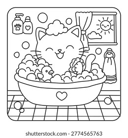 Kawaii Cat Bathing Scene in Cozy Bathroom – Coloring pages