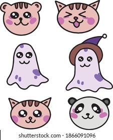 kawaii cat bear spook ghost elements separate. hand drawn. cute cartoon comic japan style