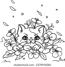 kawaii cat with blooming spring flower coloring page