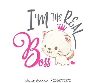 Kawaii cat boss, Boss's day,  I am the real Boss Meow,  Cute Animal love, cat Clipart, Vector illustration. 