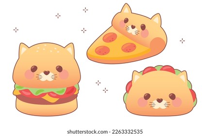 Kawaii Katzenbrot bun Käseburger, Taco, Pizza. Cartoon cute Katzenburger, Taco, Pizza für das Restaurant. Schnelles Essen. Tacocat-Happy-Charakter-Mexicam-Fastfood