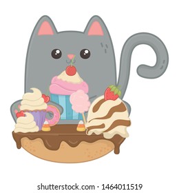 Kawaii of cat cartoon with cake design