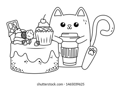 Kawaii of cat cartoon with cake design