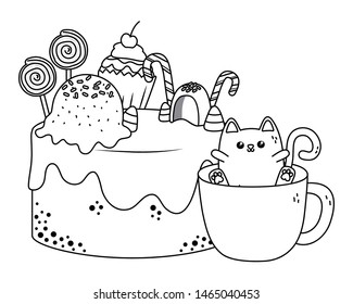 Kawaii of cat cartoon with cake design