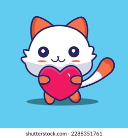 Kawaii Cat cartoon holdin heart .Kawai cat love in hand.Cat cartoon sticker for greeting ,valantine day.