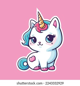 Kawaii Cat cartoon in unicorn vector rainbow cute animal (pastel color)  hand drawn isolated Pink background: Fairytale pony horse  Perfect for kid's greeting card Sticker   More Clean Vector