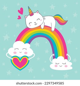 Kawaii Cat cartoon in unicorn vector on rainbow cute animal (pastel color),Nursery decoration, hand drawn isolated on a white background:Fairytale pony horse- Perfect for kid's greeting card.