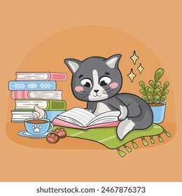 Kawaii cat character reading book, educational concept, smart animal art for kids in cartoon style