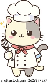 Kawaii Cat Chef Character with Puffy Hat and Whisk – Flat Vector Illustration for Sticker and Kids Designs