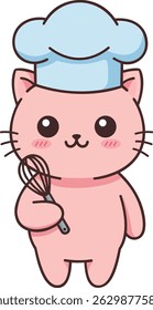 Kawaii Cat Chef Character with Puffy Hat and Whisk – Flat Vector Illustration for Sticker and Kids Designs