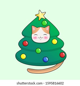 Kawaii cat in a Christmas tree costume. Vector graphics.