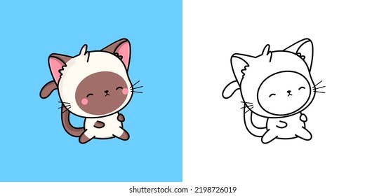 Kawaii Cat Clipart Multicolored and Black and White. Cute Kawaii Siamese Cat. Vector Illustration of a Kawaii Animal for Stickers, Prints for Clothes, Baby Shower, Coloring Pages.
