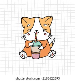 Kawaii cat with a cocktail. Vector illustration of a kitten. Cute cat. Cold coffee