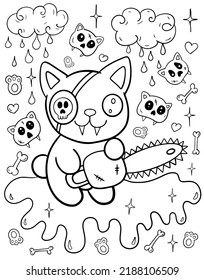 Kawaii cat. Coloring book for children. Coloring book for adults. Halloween coloring page. Horror. Kawaii. Black and white