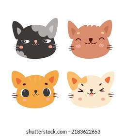 Kawaii Cat. Cute Cat Face. Set Of Cute Characters. Cat Family. Vector Illustration Of Kittens