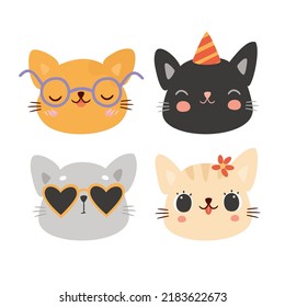 Kawaii Cat. Cute Cat Face. Set Of Cute Characters. Cat Family. Vector Illustration Of Kittens