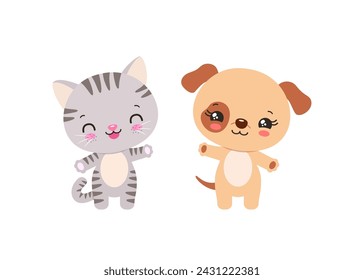 Kawaii cat and dog cute pets chibi animals. Anime asian cartoon style animal characters. Adorable kitten and puppy smiling waving. Little baby cat and dog children vector illustration. svg