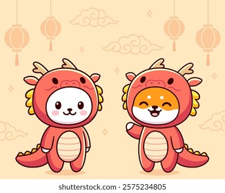 Kawaii cat and dog in green dragon costumes. Chinese New Year greeting card. Cute cartoon vector clip art illustration.