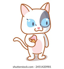 Kawaii Cat Enjoying Ice Cream - Isolated Vector Illustration on White Background