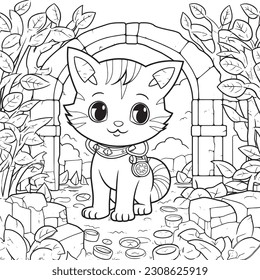 Kawaii cat exploring ancient ruins in a jungle filled with hidden treasures , Black and white coloring pages for kids,  simple lines, vector style