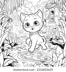 Kawaii cat exploring ancient ruins in a jungle filled with hidden treasures , Black and white coloring pages for kids,  simple lines, vector style