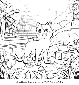Kawaii cat exploring ancient ruins in a jungle filled with hidden treasures , Black and white coloring pages for kids,  simple lines, vector style