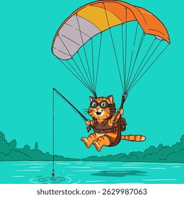 Kawaii gato pesca por si só, fundo macio, arte mínima

