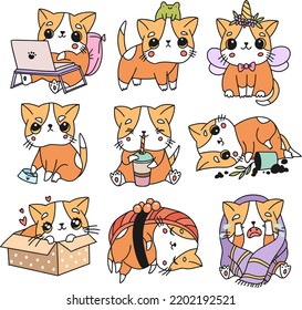 Kawaii Cat. Funny Kawaii Cat Stickers. Emotional Faces. Stickers Vector