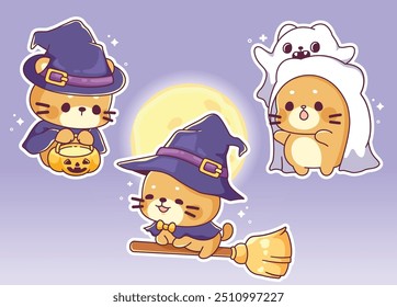 Kawaii cat halloween as witch and ghost collection sticker