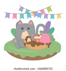 Kawaii cat with happy birthday cake design