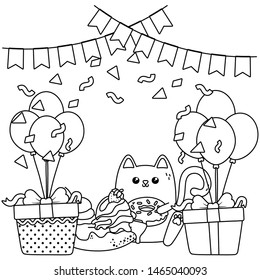 Kawaii cat with happy birthday cake design
