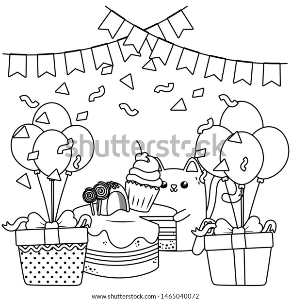 Kawaii Cat Happy Birthday Cake Design Stock Vector Royalty Free