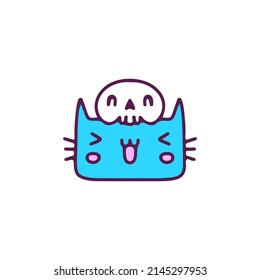 Kawaii cat with hat skull, illustration for t-shirt, sticker, or apparel merchandise. With doodle, retro, and cartoon style.