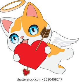 Gato Kawaii com seta cupida segurando em um vetor de coração