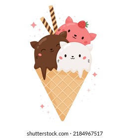 Kawaii cat ice cream with cookies and strawberry. Round kittens in the waffle cone. Cartoon food dessert bakery product. Vector illustration.