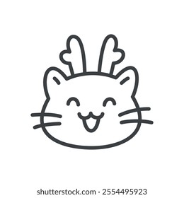 Kawaii cat icon. Hand drawn monochrome illustration of a funny cat with deer antlers isolated on a white background. Cute Christmas sticker. Vector 10 EPS.