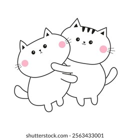 Kawaii cat kitten set hugging Love couple family. Hug, embrace, cuddle. Line contour silhouette. Cute cartoon funny character. Happy Valentines day. Greeting card. White background. Flat design Vector