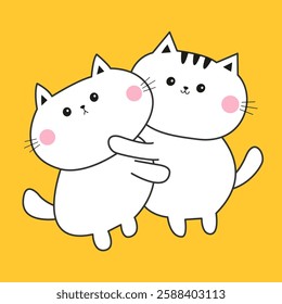 Kawaii cat kitten set hugging Hug, embrace, cuddle. Love couple family. Line contour silhouette. Cute cartoon funny character. Happy Valentines day. Greeting card. Yellow background Flat design Vector